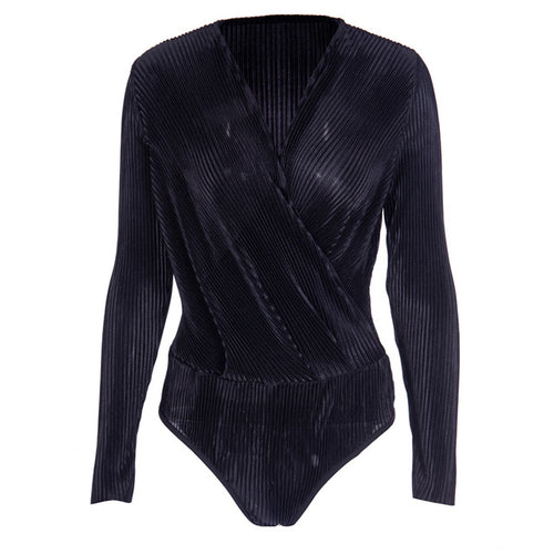 InstaHot Sexy Long Sleeve V Neck Bodysuit for Women 2019 Summer New Fashion Green Textured Shirts Button Tops Elegant Playsuits